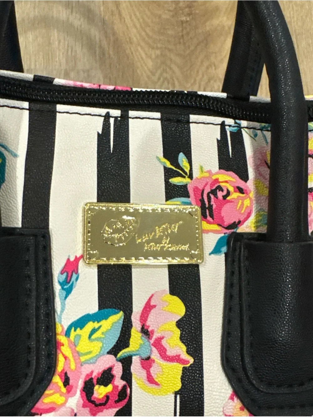 Luv Betsey by Betsey Johnson Mini Satchel Black White Striped Floral Purse Rose